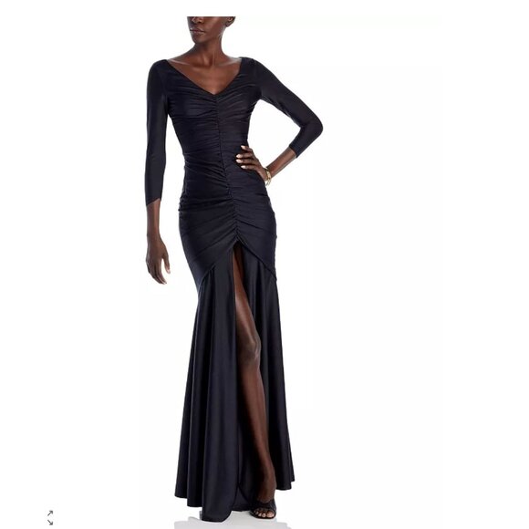 Chiara Boni La Petite Robe Ruched Front Slit Mermaid Gown Black 50 US 12 - Picture 2 of 16